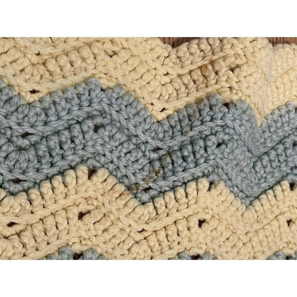 Vintage Afghan Blanket Crochet Blue Yellow/Cream Small Throw Baby Handmade Retro - Picture 7 of 9
